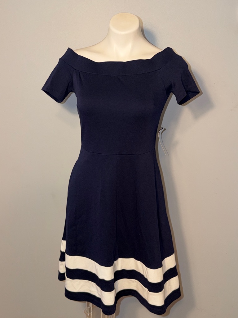 New York & Company Ladies Nwt Fit & Flare Dress. Navy Blue And White Stripes. Sm